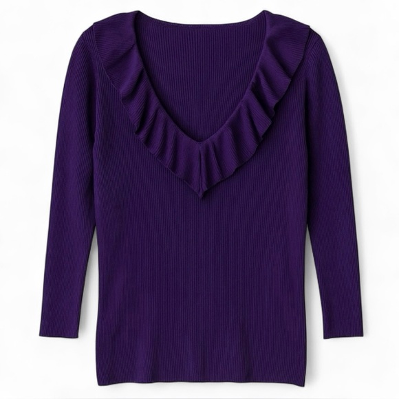 New Lauren Ralph Lauren Purple Silk V-Neck Sweater Ruffle Trim Size Large - Picture 1 of 5